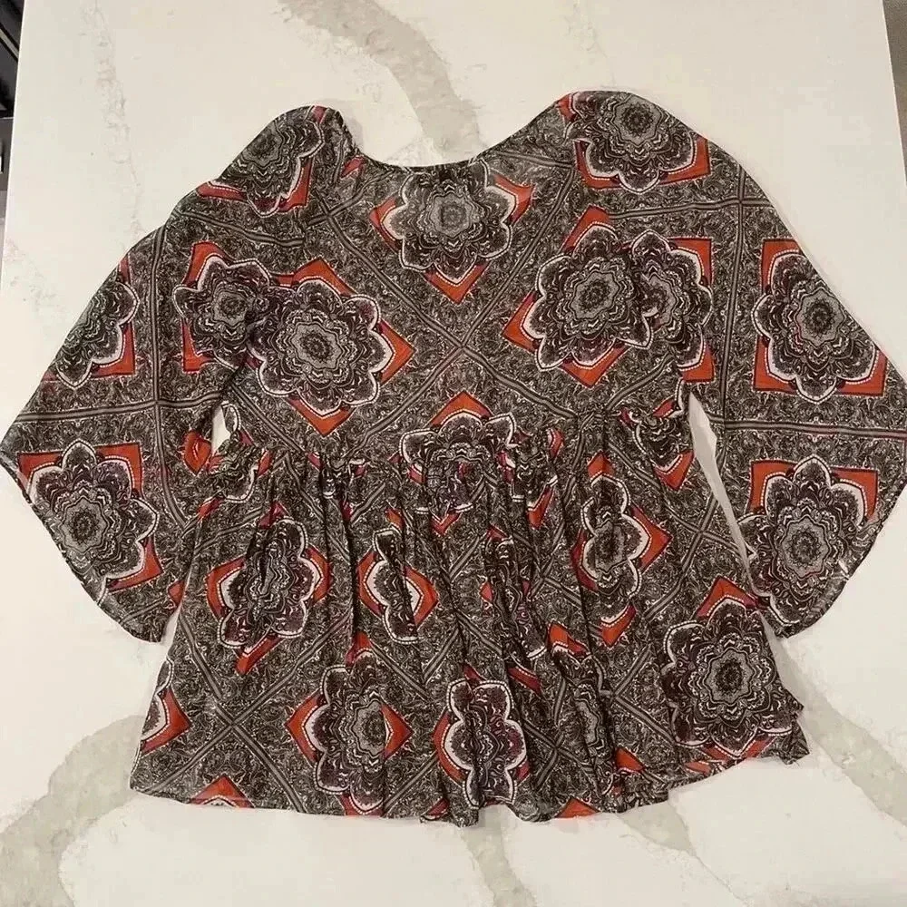 AB Studio Floral Paisley Sheer Blouse Boho Flared Sleeve Women's Large Hippie - Picture 6 of 7